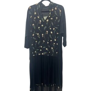 Onion‎ Womens Floral Embroidered Mixed Media Midi Dress Black Gingham Trim 913